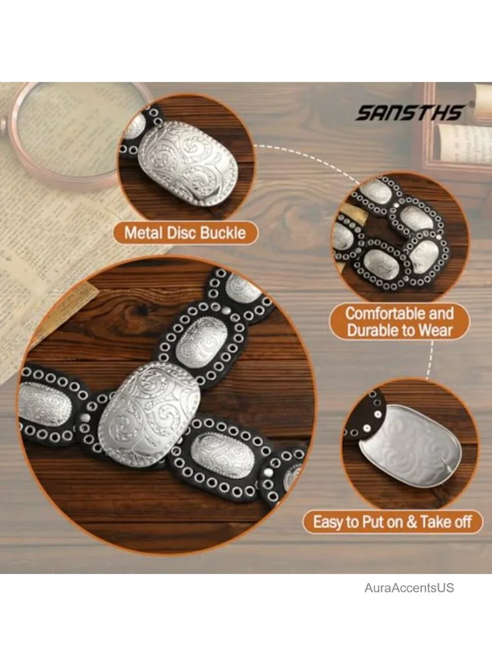 Faux Leather Western Disc Belt with Engraved Buckle for Jeans Dress